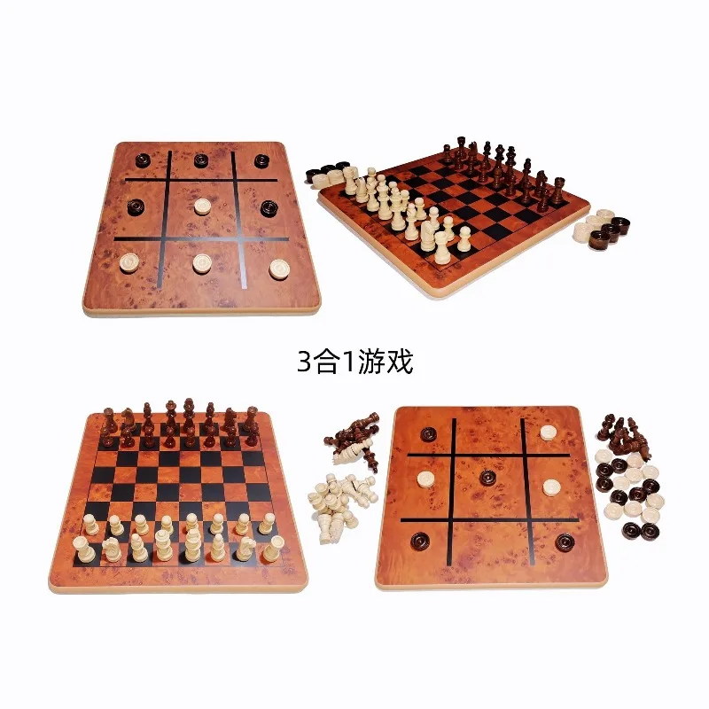 

3-in-1 Solid Wood Game Set - Chess, Tic-Tac-Toe & Checkers with Wood Burl Pattern Printed Board