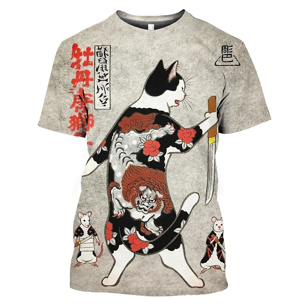 Japan Samurai Cat Graphic T Shirts Cool Classic Art Style Men\'s and Women\'s Printing Tees Fashion O-neck Short Sleeve Loose Tops