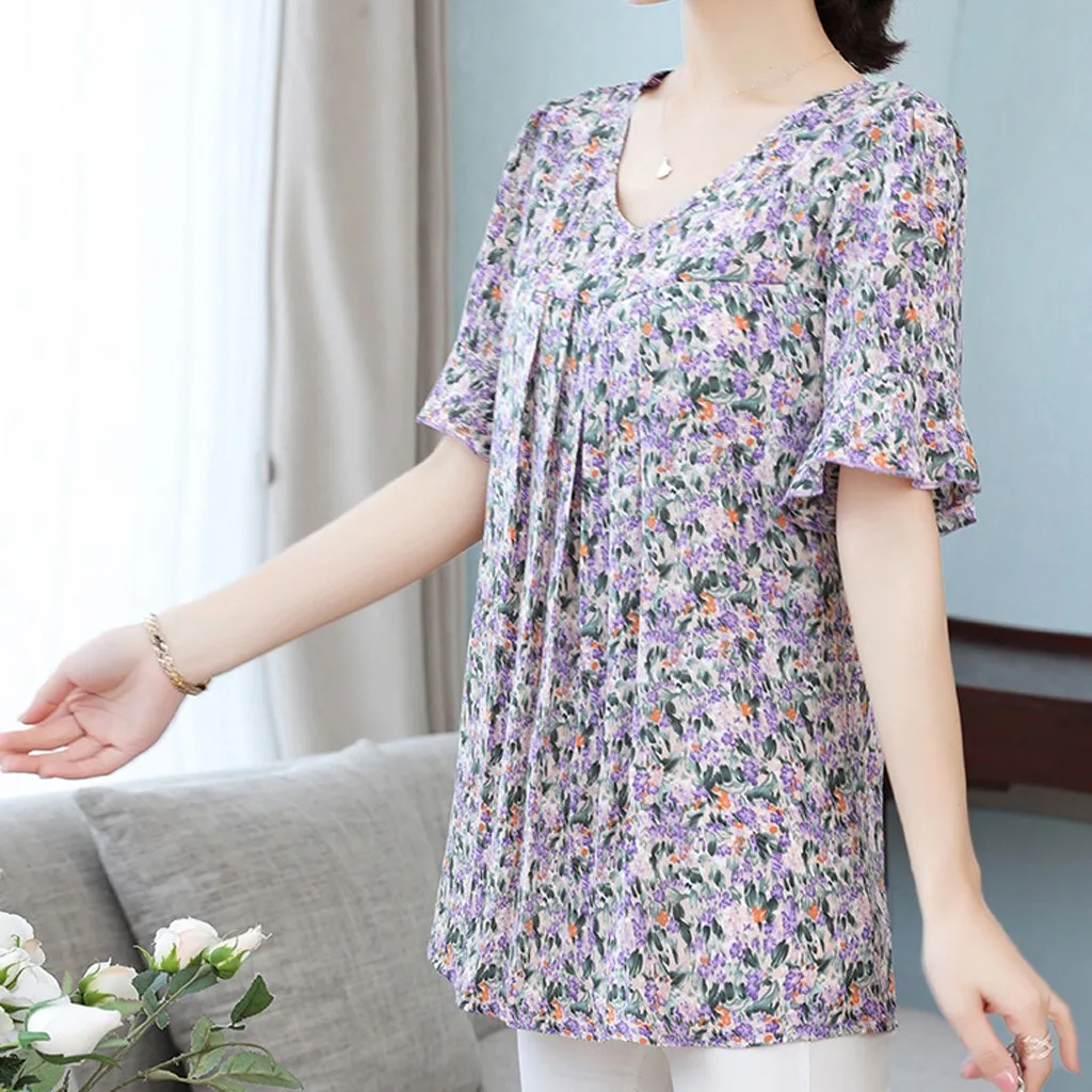 Chiffon Short Sleeve Plus Size Shirt Casual Fashion Floral Printed Blouse V Neck Loose Fit Pleated Blouses Tops for Women