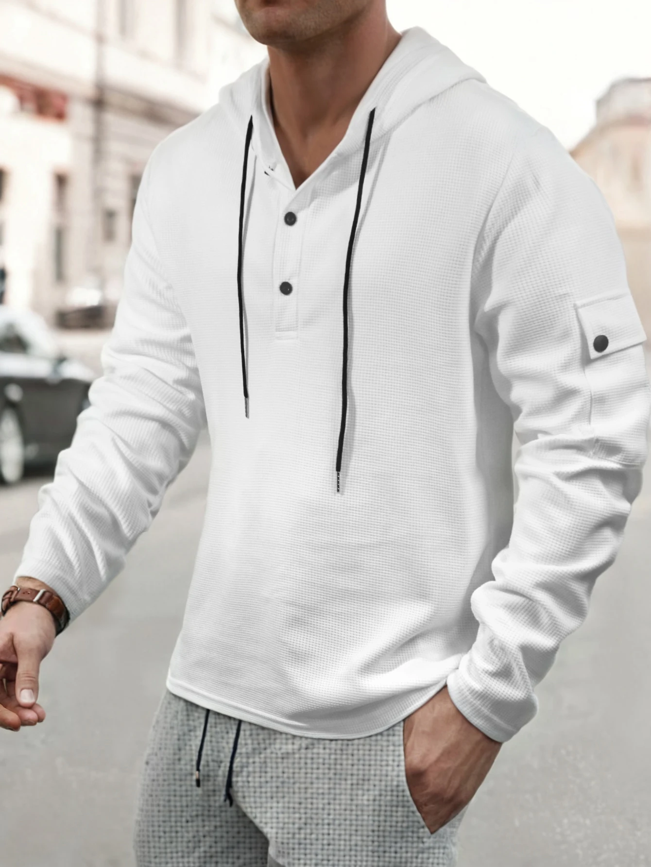 

2025 Men's Waffle - Knit Hooded Sweatshirt, White Casual Long - Sleeve Pullover