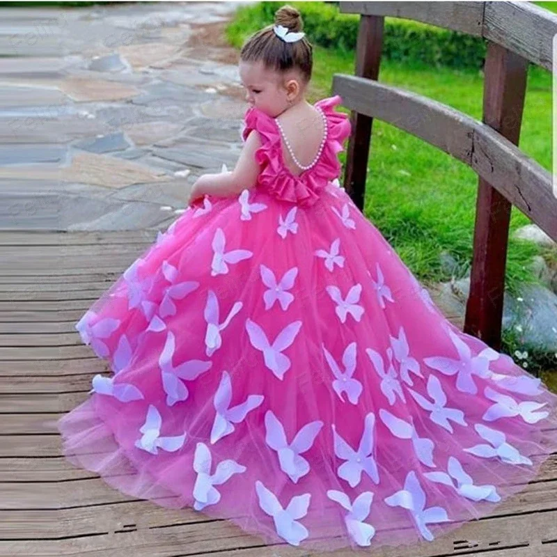 Vestido de fiesta de cumpleaños de alta calidad para niñas, vestido de tul hinchado con perlas, rosa roja, Flores, mariposas 3D, novedad de 2024