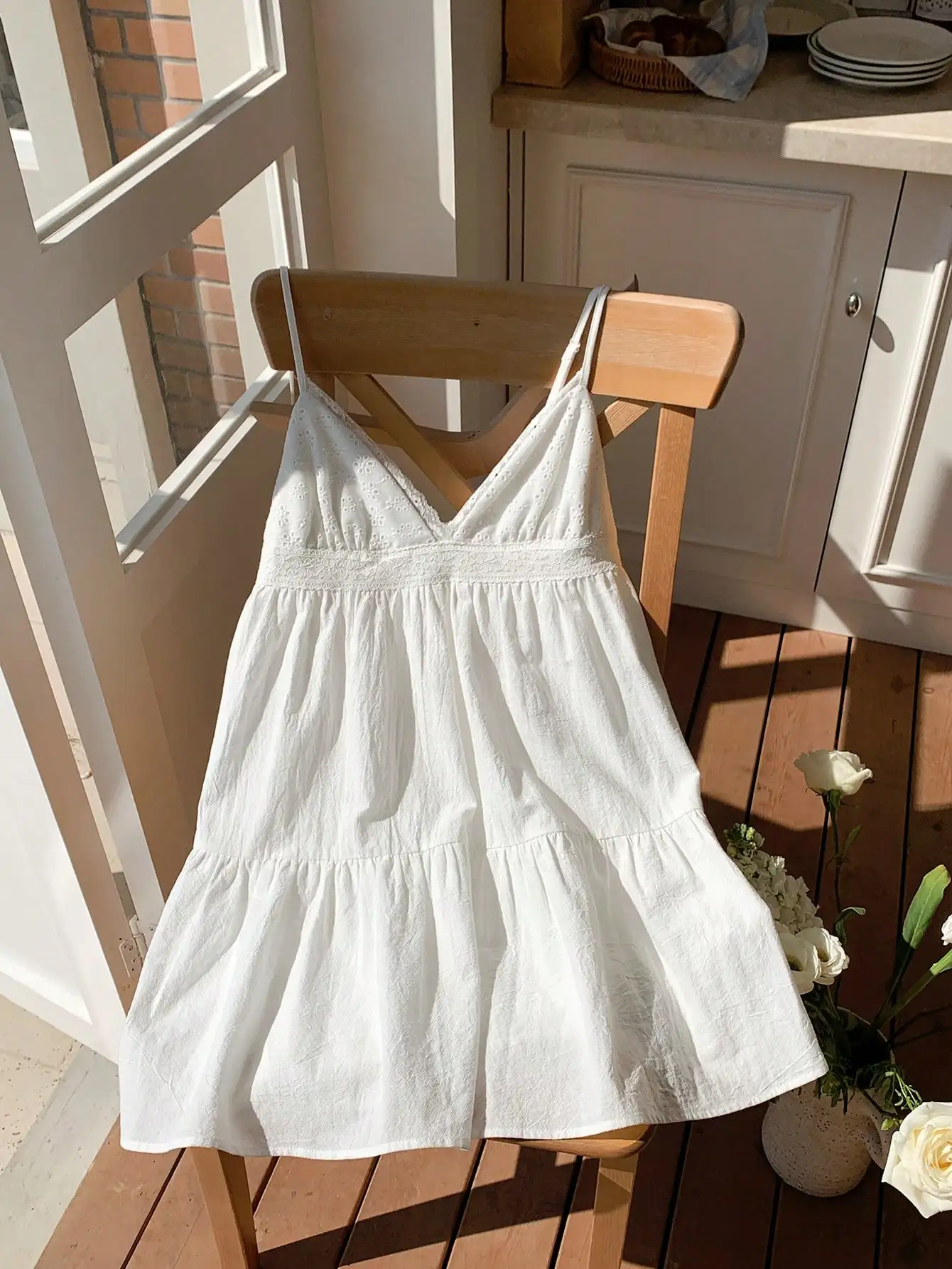 

White Cotton Linen Spaghetti Strap Mini Dress with Embroidery and Tiered Skirt for Summer Casual Wear