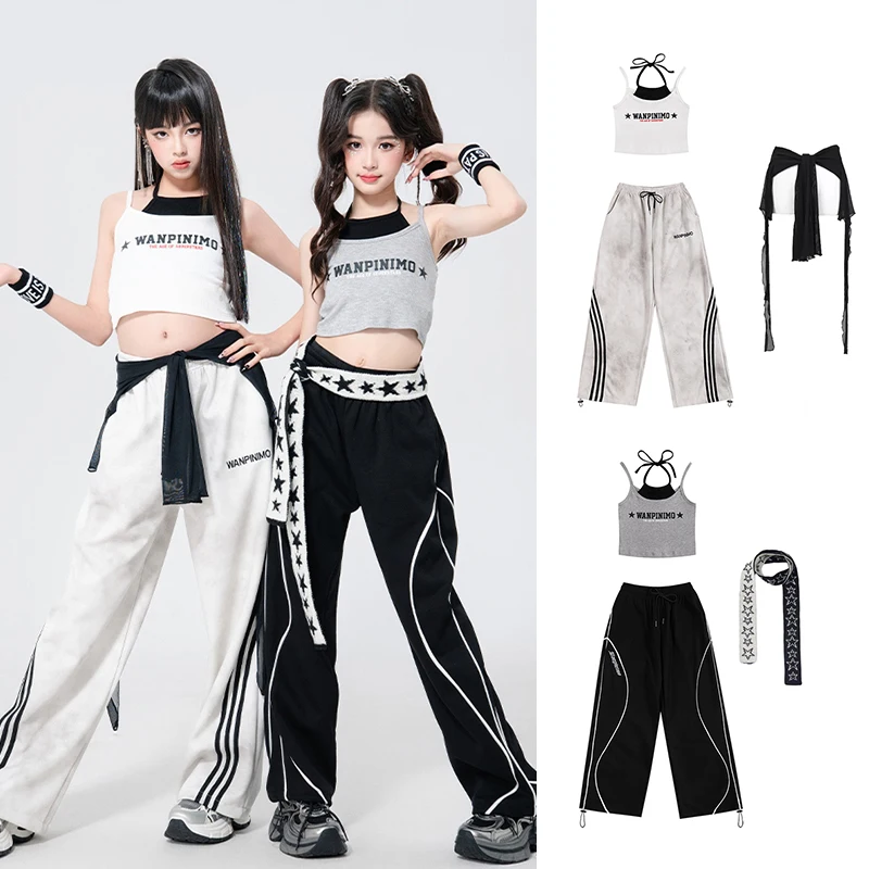 힙합 K-pop 자르기 탑 카고 바지 어린이 스트리트 댄스 복장 어린이 streetwear 의상 소녀 그룹 재즈 의류 세트 xh2645