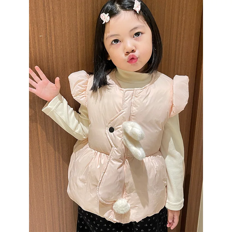 Girls Suit 2024 Autumn New Childrens Wear Korean Style Girl Baby Rabbit Cotton Vest One Fleece Floral Pants Two-piece Set image 3