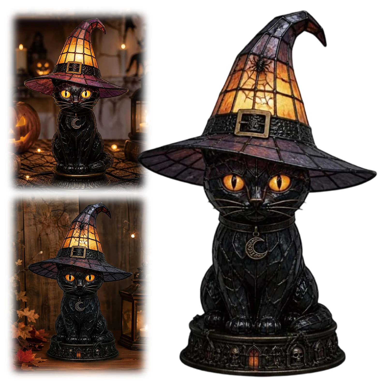 Stained Glass Black Cat Witch Hat Lamps USB Powered Colorful Witch Hat Desktop Lights for Halloween & Year-Round Home Decors