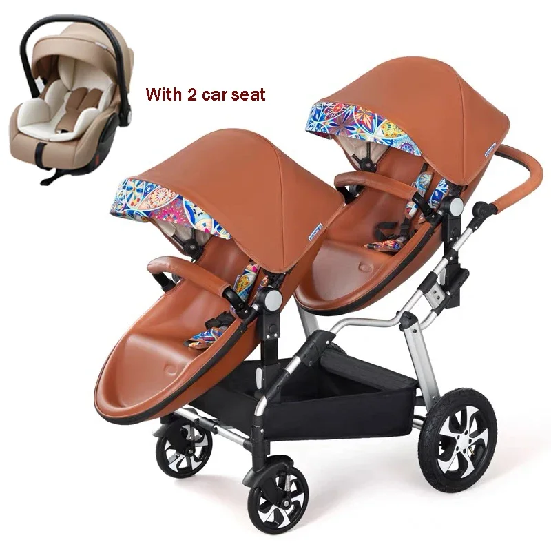 NEW luxury Twins baby stroller 3in1 high landscape new PU leather double stroller baby carriage twin strollers for 2 kids