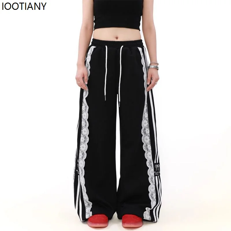 

Y2k Sweet Lace Stitching Women's Pants Black Retro Striped Wide-leg Korean Fashion Pants Harajuku Loose Casual Sports Pants 2025