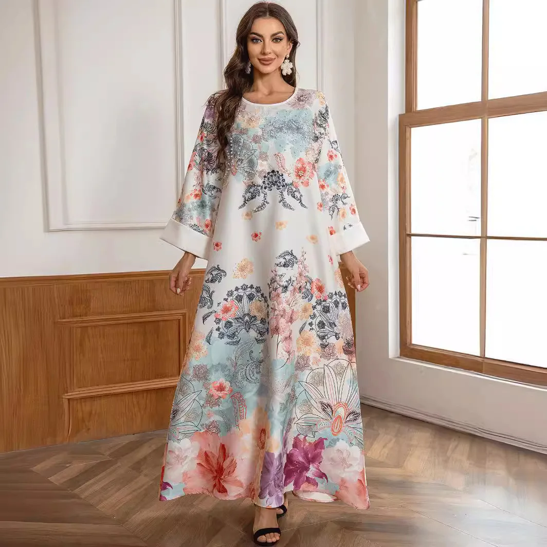 

Women's 2024 Muslim Robe Fashionable Light Luxury Studded Diamond Beaded Flower Print Arab Ladies Commute Elegant Dress