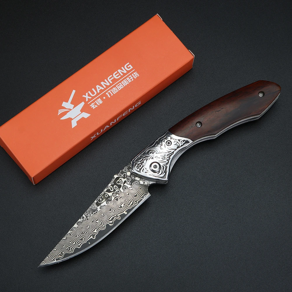 

Складной нож из дамасской стали с деревянной ручкой, высокая твердость, острый, многофункциональный нож для кемпинга на открытом воздухе