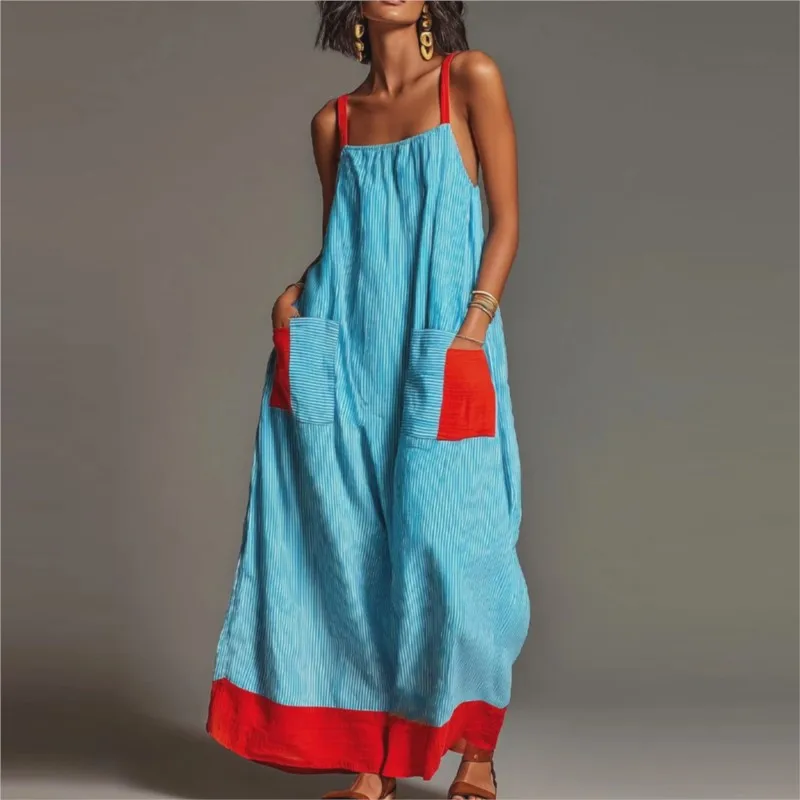 Vintage Stripe Trim Contrast Sleeveless Dress Womens Square Neck Backless Loose Long Dress Casual Bohemian Daily Holiday Dresses
