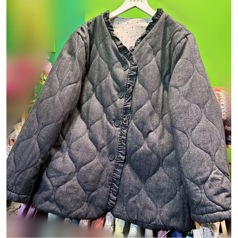 Women Sweet Cotton Ruffled Quilting Casual Coat 2026 Girl Lolita Korean Fashion Winter Harajuku Japanese Kawaii Cute Short Coat