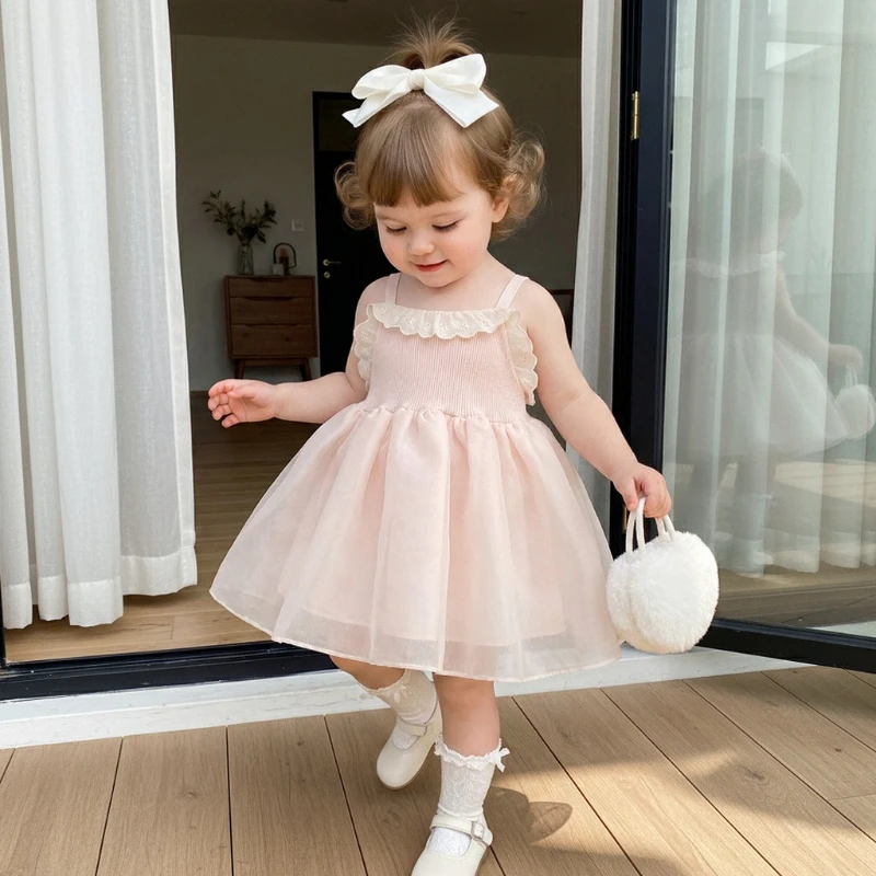 2026 New Summer Children's Hot Selling High end Sweet Splicing Lace Strap Dress