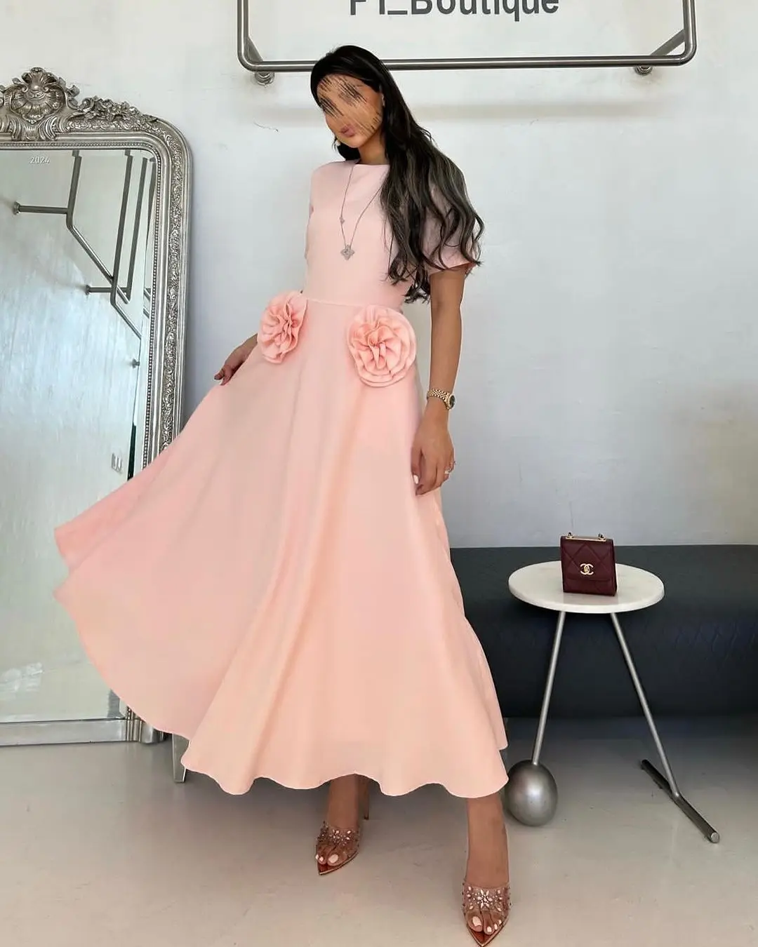 

Vintage Short Sleeves Prom Dresses O-Neck Ankle Length Women's Temperament Pleated Hand Made Flowers Evening Dresses