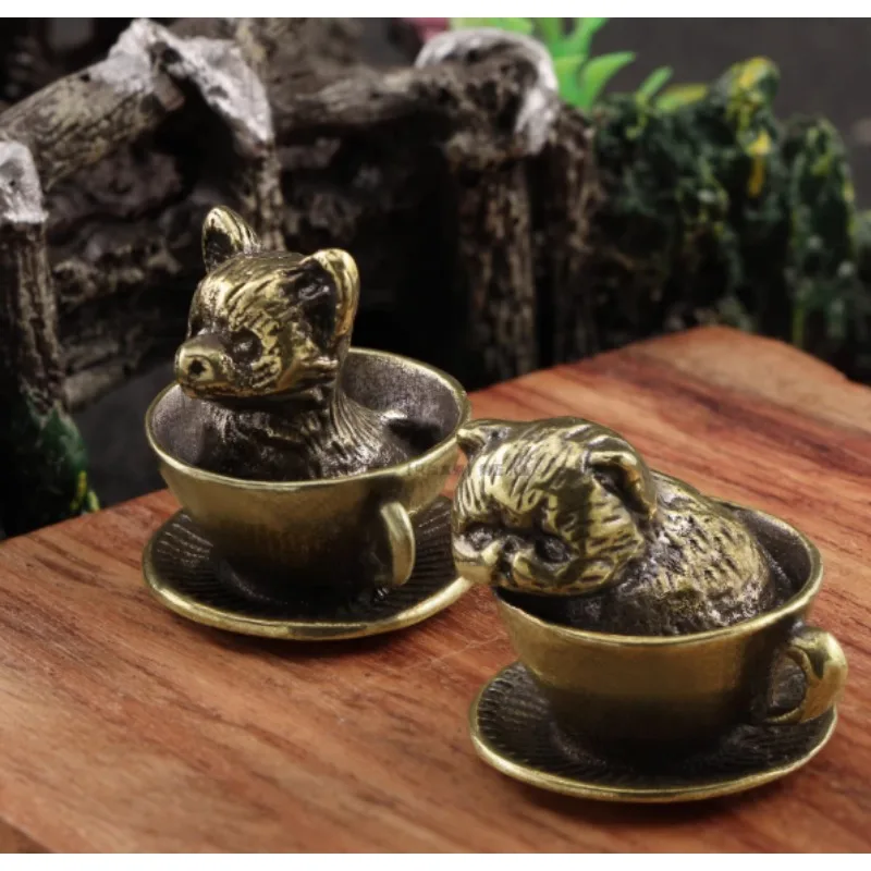 Teacup Cat and Puppy Figurines Vintage Brass Color Desktop Entryway Lucky Decor Ornaments for Micro Landscape Enthusiasts