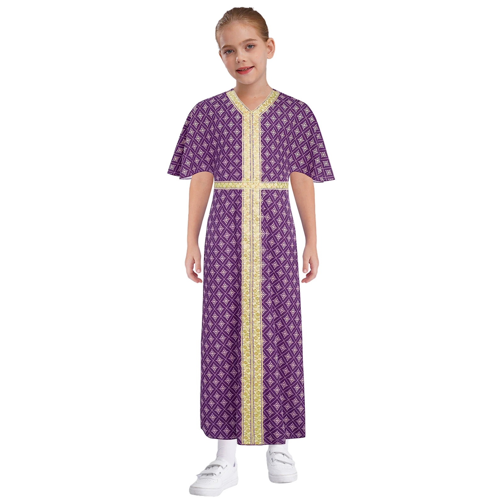 

Kids Girls Dress Indian Costume Embroidery Trimming Floral Print Side Split Tunic with Belt for Halloween Role Play Theme Party