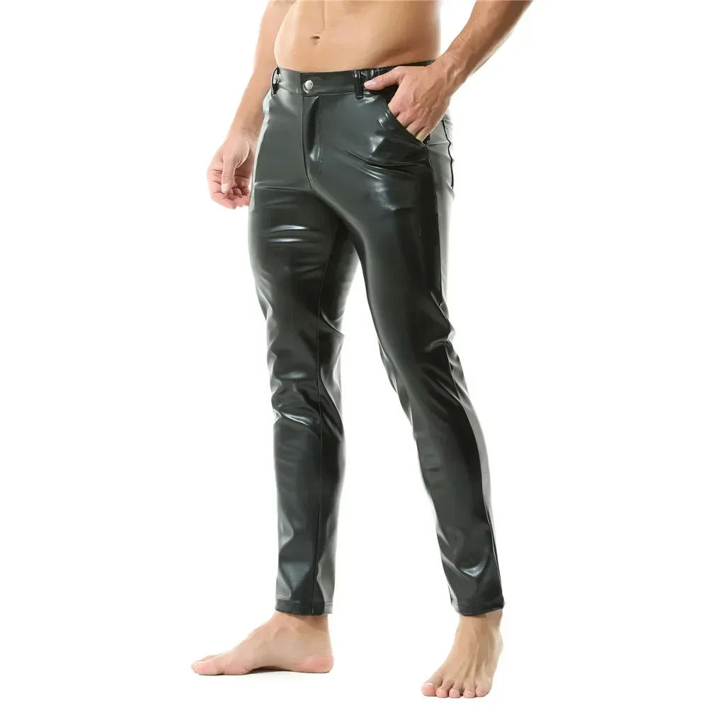 Mens Casual Zipper Faux Leather Pants Men Streetwear Nightclub Straight Trousers With Pockets Male Motorcycle Stage Short Pants