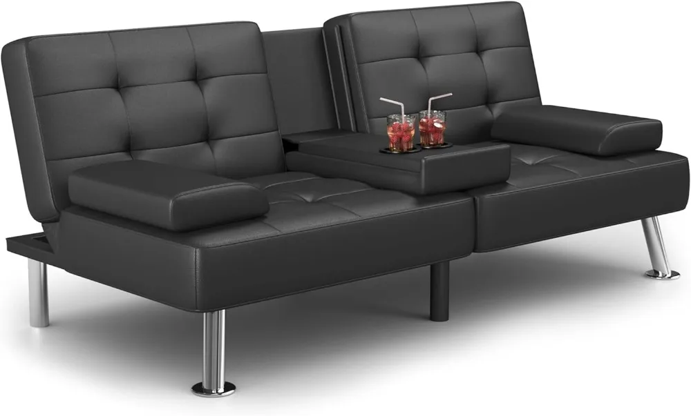 Loveseat conversível de couro sintético com braços removíveis, sofá Futon dobrável, cama-cama, sala de estar, sofá estofado