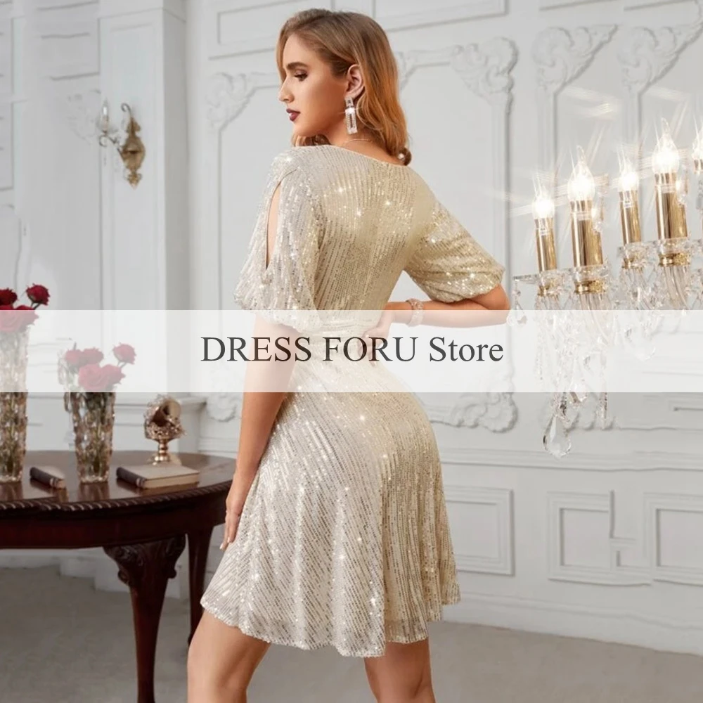 Sparkle Sequin V Neck Evening Dresses Sexy Zipper Back Short Sleeves A Line Knee-Length Prom Party Gowns For Wedding Night