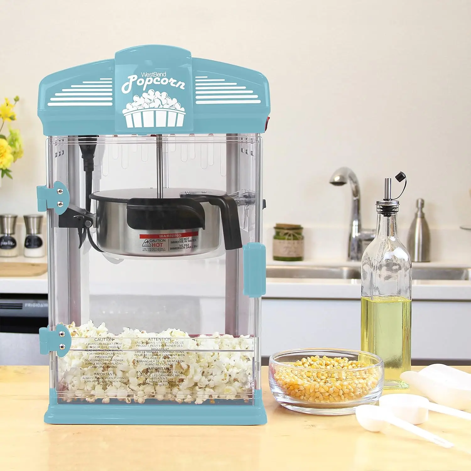 Popcorn Popper, Gourmet Popcorn Maker z nieprzywierającym czajnikiem do popcornu, narzędziem pomiarowym i łyżką, 4 Qt, niebieski