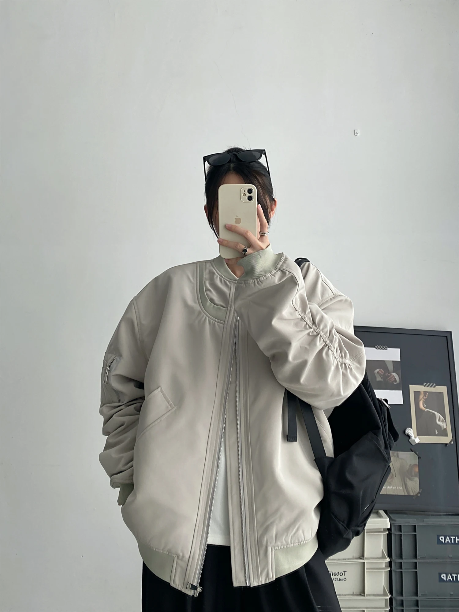 

Loose Cotton Jaet American Sle Retro Flight Suit Women's Neutral Design Workwear Cotton Coat Long Sve Zipper Closure