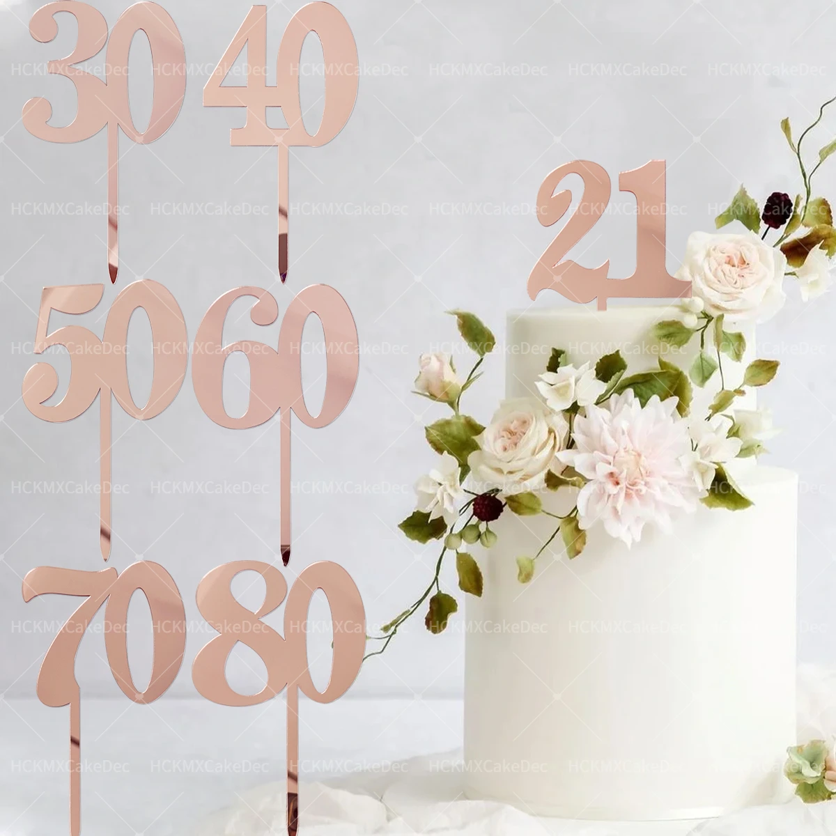 Number 18/21/30/40/50/60/70/80 Acrylic Rose Gold Cake Topper For Birthday Party Wedding Anniversary Cake Decoration