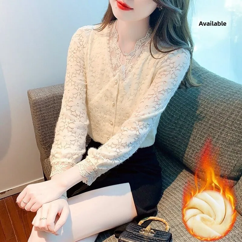 

Женская утепленная флисовая блузка с кружевной отделкой, с длинным рукавом, осенне-зимняя, новый стиль, модная внутренняя одежда, топ с V-образным вырезом, очень нежная.