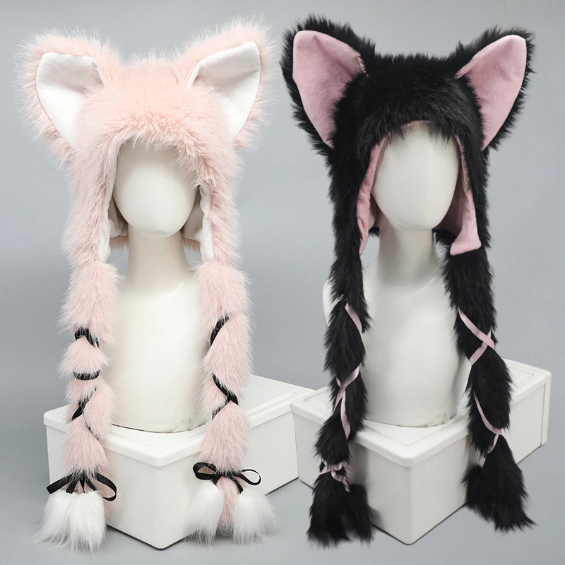 Fursuit Kigurumi Fur Cat Ear Headwear Y2K Fox Ear Fluffy Plush Warm Hat Ear Protection Hat Party Comic Halloween Cosplay Costume