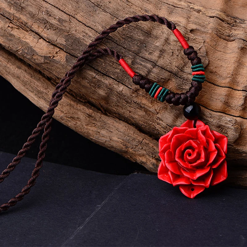 Chinese Style Red Flower Women Pendant Female Clothes Accessories Simple Decoration National Style Necklace Clavicle Chain