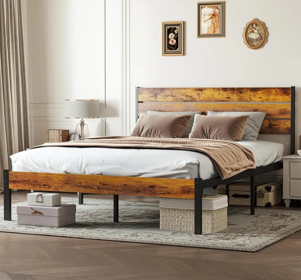 헤드보드가 있는 풀 사이즈 침대 프레임, 800파운드 지지력, 침대 밑 수납 공간, 박스 스프링 필요 없음, 러스트 브라운 색상의 간편 조립