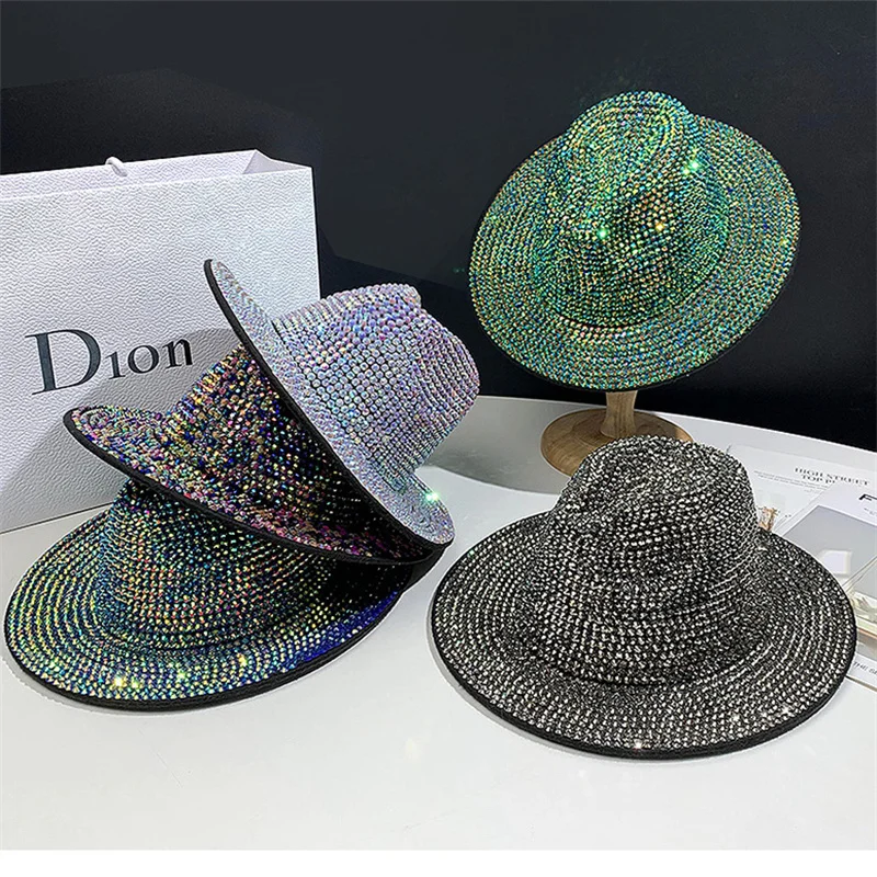 Rhinestone Fedoras Jazz Cap Hat For Women Men Cowboy Hat Unisex Fashion Church Hat Gorgeous Stage Party Cap Wholesale шапка