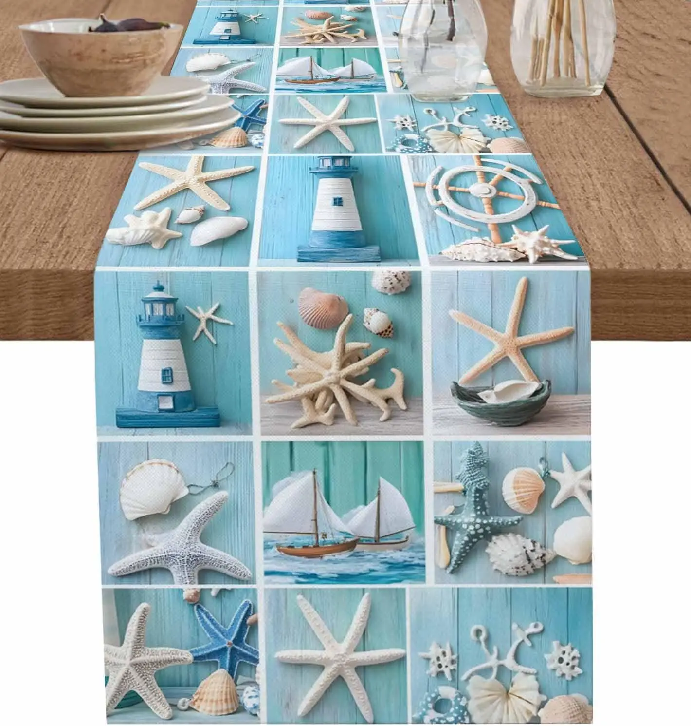 Beach Blue Wood Grain Starfish Table Runner Dresser Scarves Table Decor Washable Kitchen Dining Table Runner Holiday Party Decor