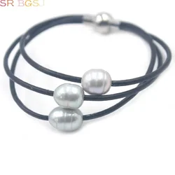 SR 10-12mm Genuine Natural Freshwater Pearl 3-Strand Style Leather Cord Pearl Women Jewelry Bracelet  7.5-8