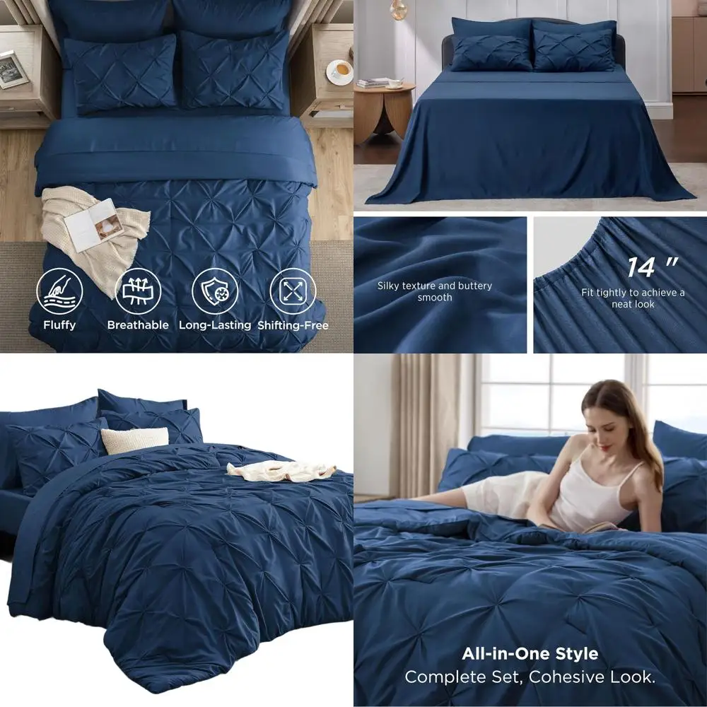 

Комплект одеял King из 7 предметов темно-синего цвета с постельными принадлежностями, простынями, наволочками и шамами