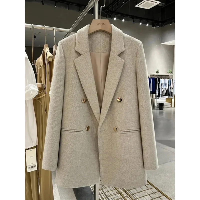 Veste mi-longue en laine beige pour femme, manteau décontracté pour femme, bouton en métal, style britannique, imbibé, automne, hiver, nouveau, 2025