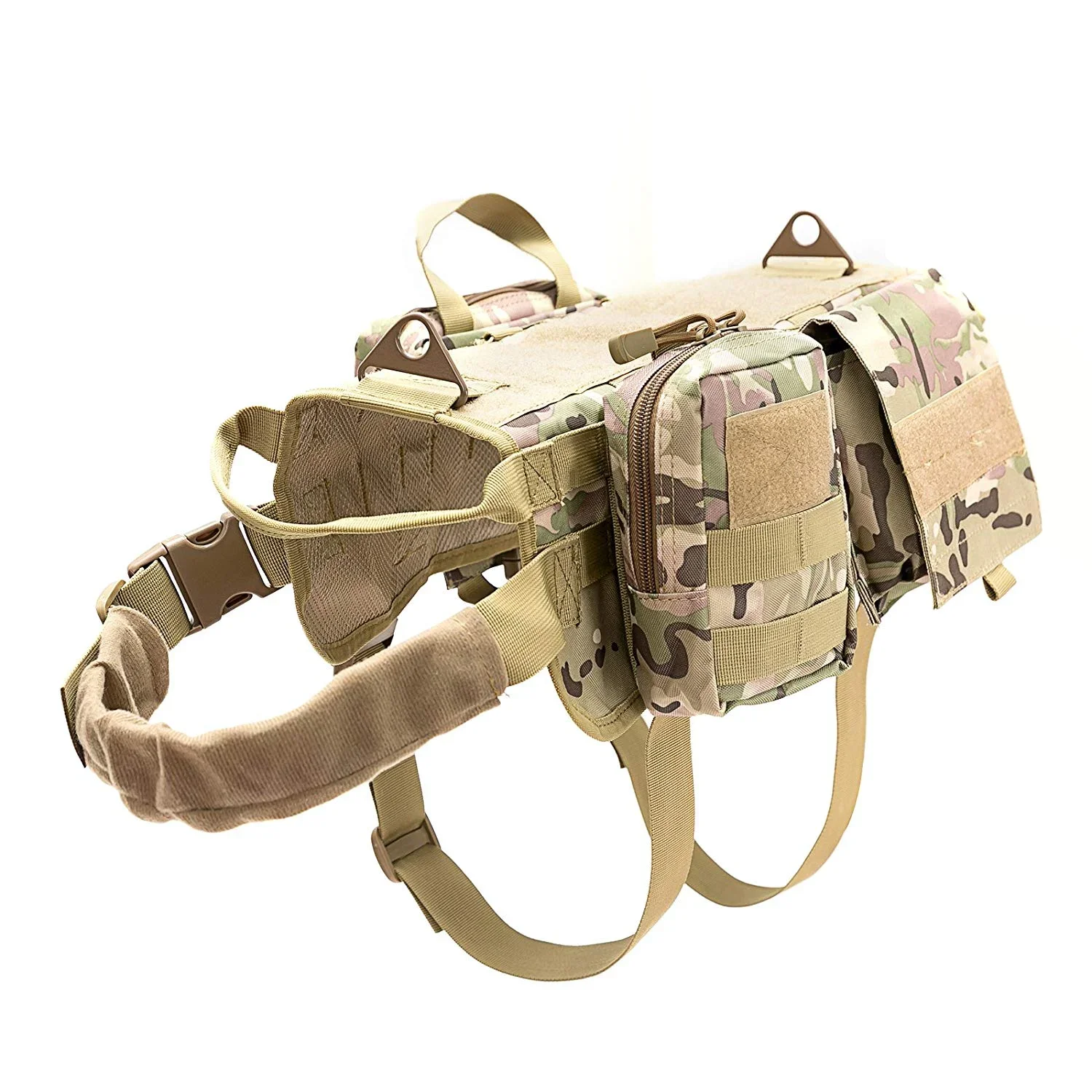 

Camouflage Adjustable Molle Vest Custom Luxury Dog Tactical Harness With 3 Detachable Pouches