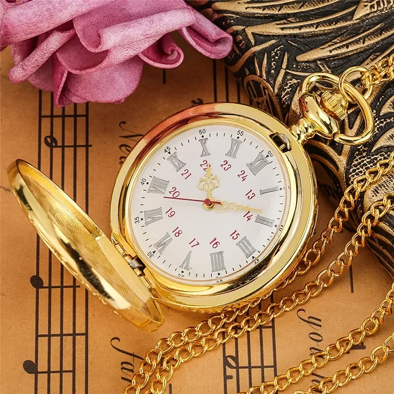 Luxury Yellow Gold Carving Roman Number Pocket Watch Men Women Quartz Watches Pendant Clock Necklace Chain Relgio de bolso