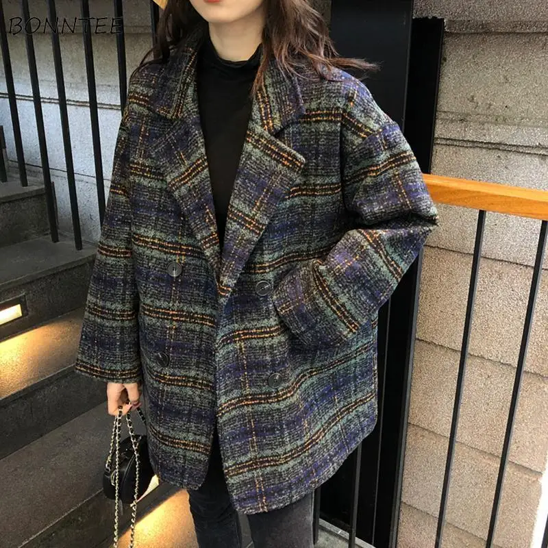 Plaid Blends Women Vintage Creativity Thicken Warm Winter All-match Daily Ladies Elegant Pretty Special Attractive Classic New