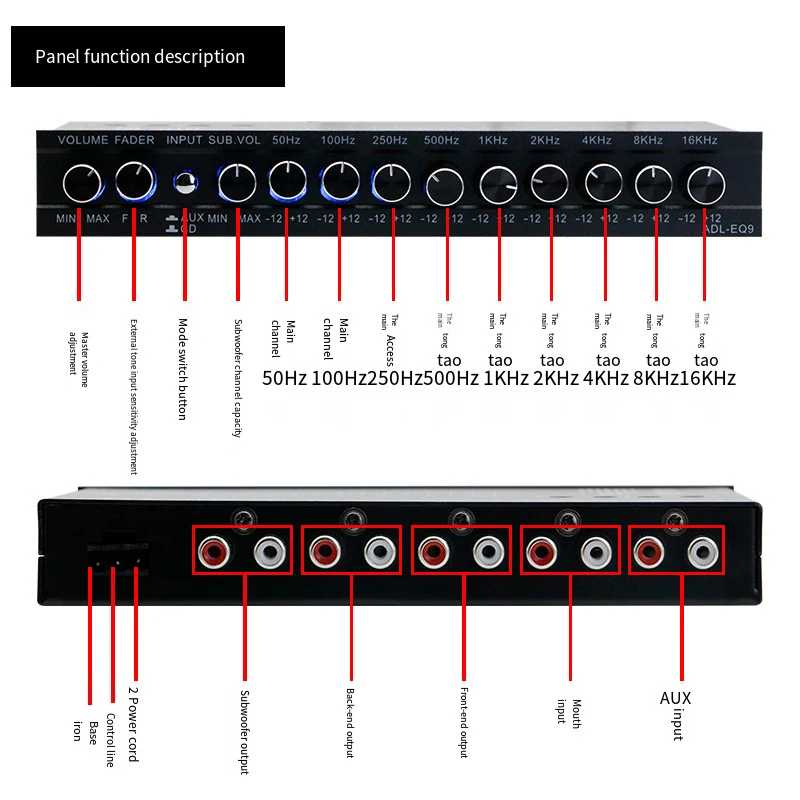 9-Band Car Audio Equalizer 1/2 DIN Pre-Amp，with CD/AUX Input Select Switch，Subwoofer Outputs