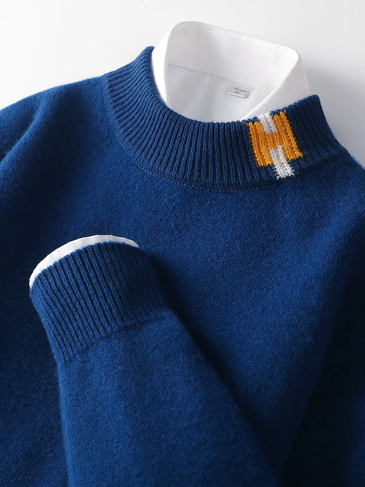 

TLOML Men's 100% Merino Wool Knitwear Mock Neck Jacquard Thicken Pullover Autumn Winter Comfy Soft Warm Casual Cashmere Knit Top