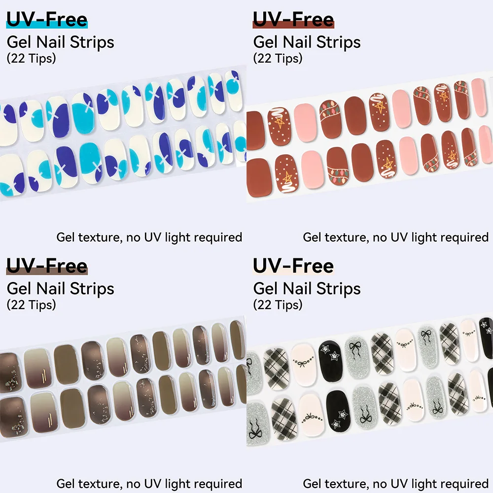 22Tips Dark Solid Color Full Coverage Gel Nail Strips UV-Free Gray Glitter Tip with Pink Hearts & Leopard Print Brown Nail Wraps
