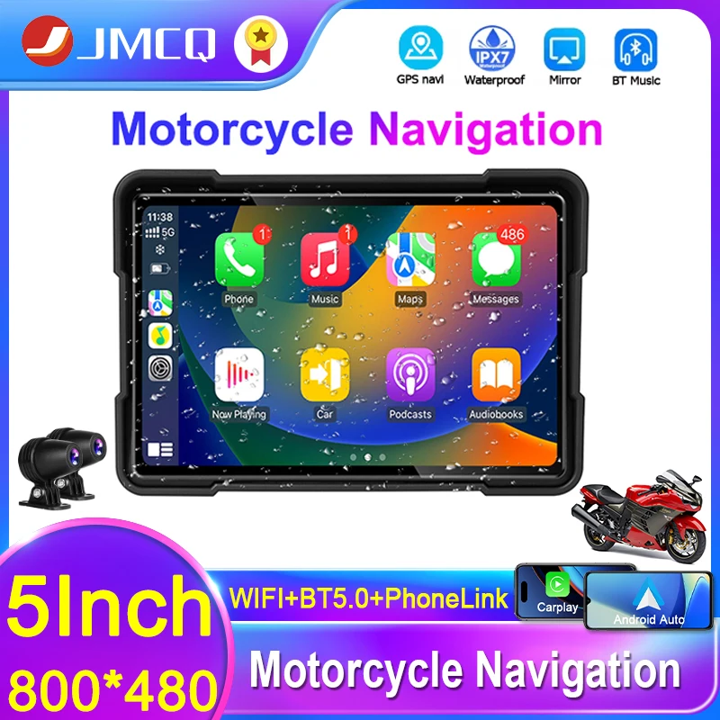 

JMCQ 5 Inch Motorcycle Carplay DVR Wireless Carplay & Android Auto IP67 Waterproof GPS Navigation IPS Screen Display Dash Cam