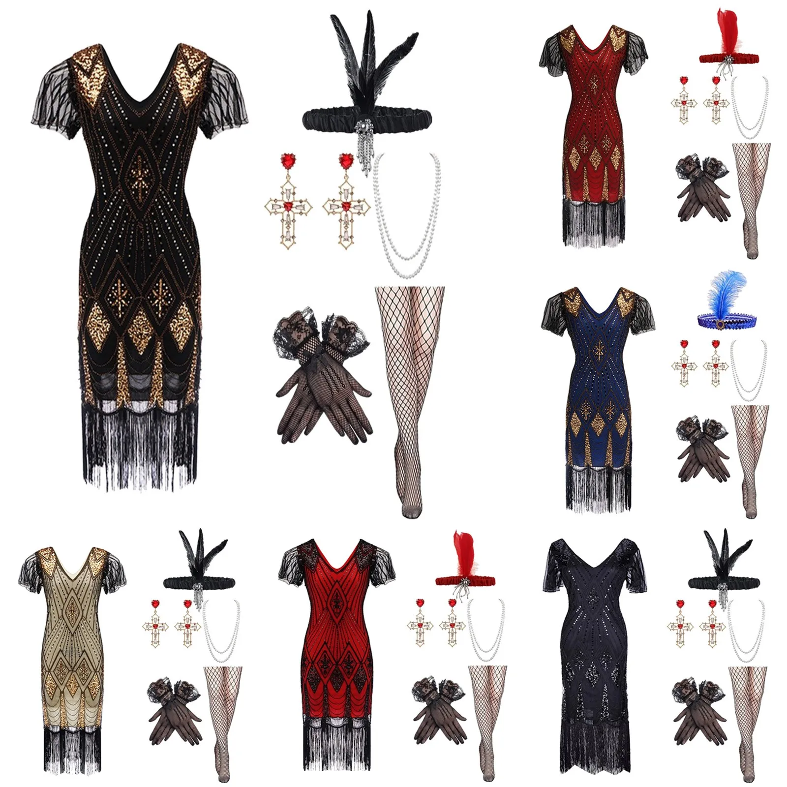 Women's Flapper Dresses 1920s Sequins Art Deco Gatsby Cocktail Dress with Sleeve Sexy V-neck Fringe Fancy Dress Vestidos