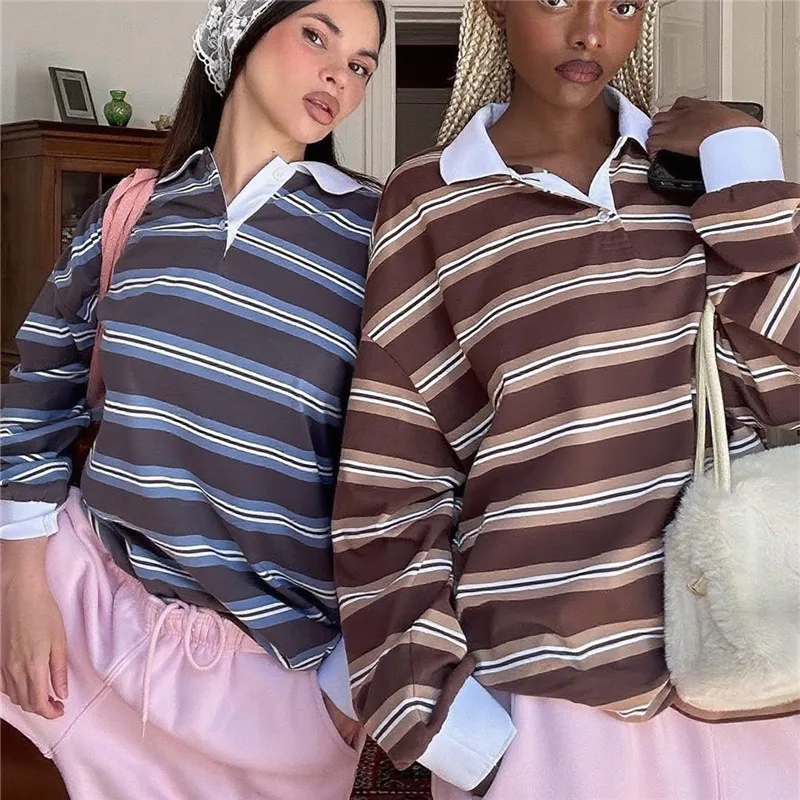 

Vintage Striped Long Sleeve T-shirt Women Buttons Turndown Collar Raw Hem Tee Shirts Autumn Cotton Casual Preppy Style Y2k Tops