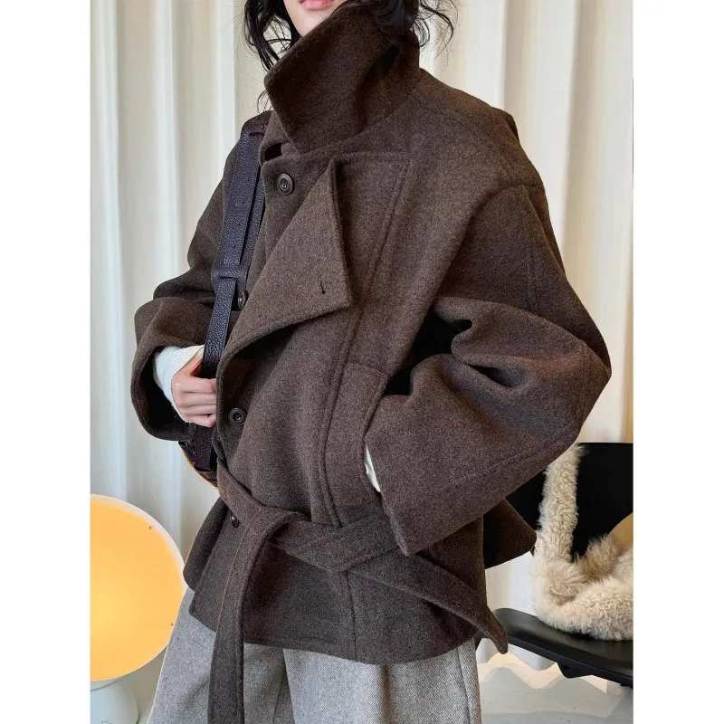 Fashion Women's Wear with Personalized Design, Lapel Single-sided Woolen Coat with Belt, Double-layer Front Opening Warm Jacket.