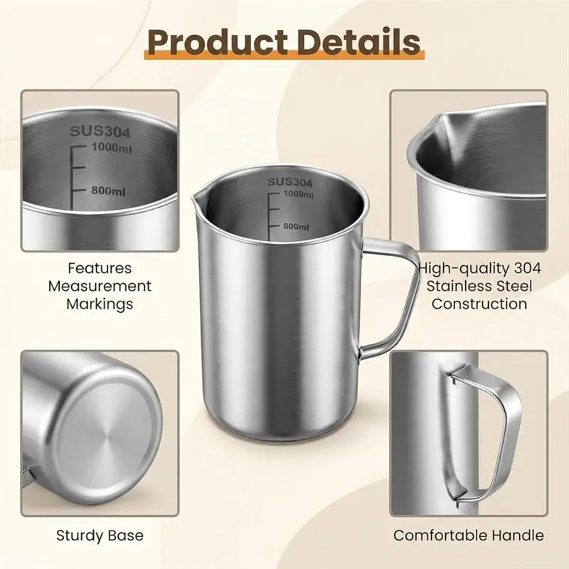 ABRU-Metal 4 Cup Measuring Cups 32 Oz 304 Stainless Steel 1000 Ml With Handle, For Baking And Frothing Pitcher