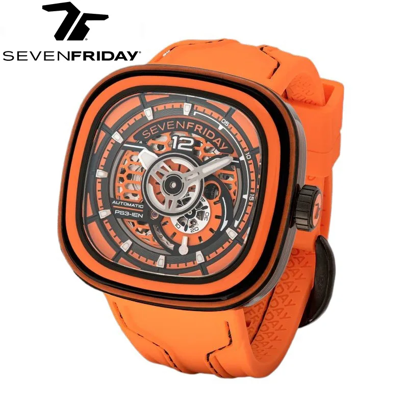 SEVENFRIDAY-reloj mecánico de fibra de carbono para hombre, cronógrafo suizo con esfera grande cuadrada, serie PS, PS3/03, sevenfridays, marca de lujo