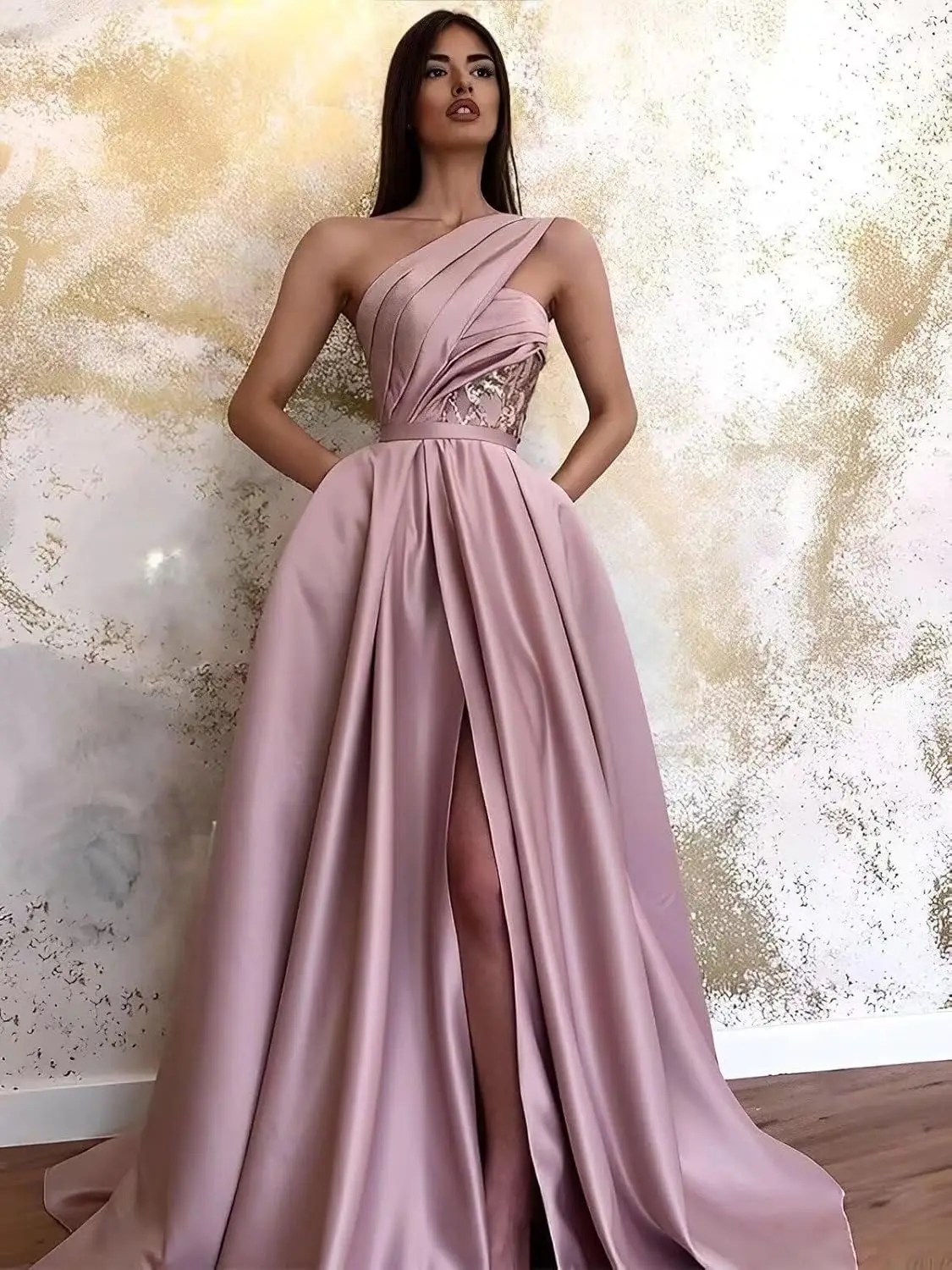 

One Shoulder Satin Prom Dresses Long Ball Gown Long A-Line Slit Formal Evening Gowns for Women
