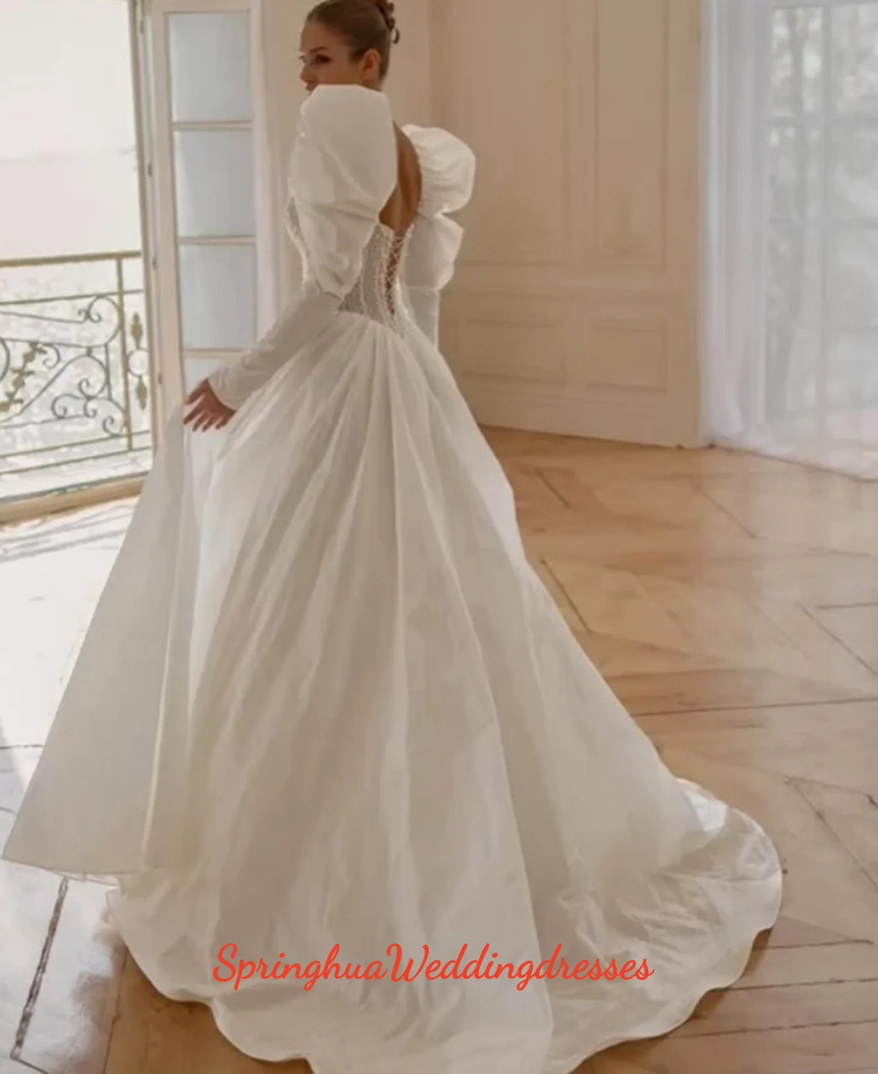 Customized Luxury Pure White Long Puff Sleeves Wedding Dresses Modern A-Line Open Back Square Collar Vestidos Novias