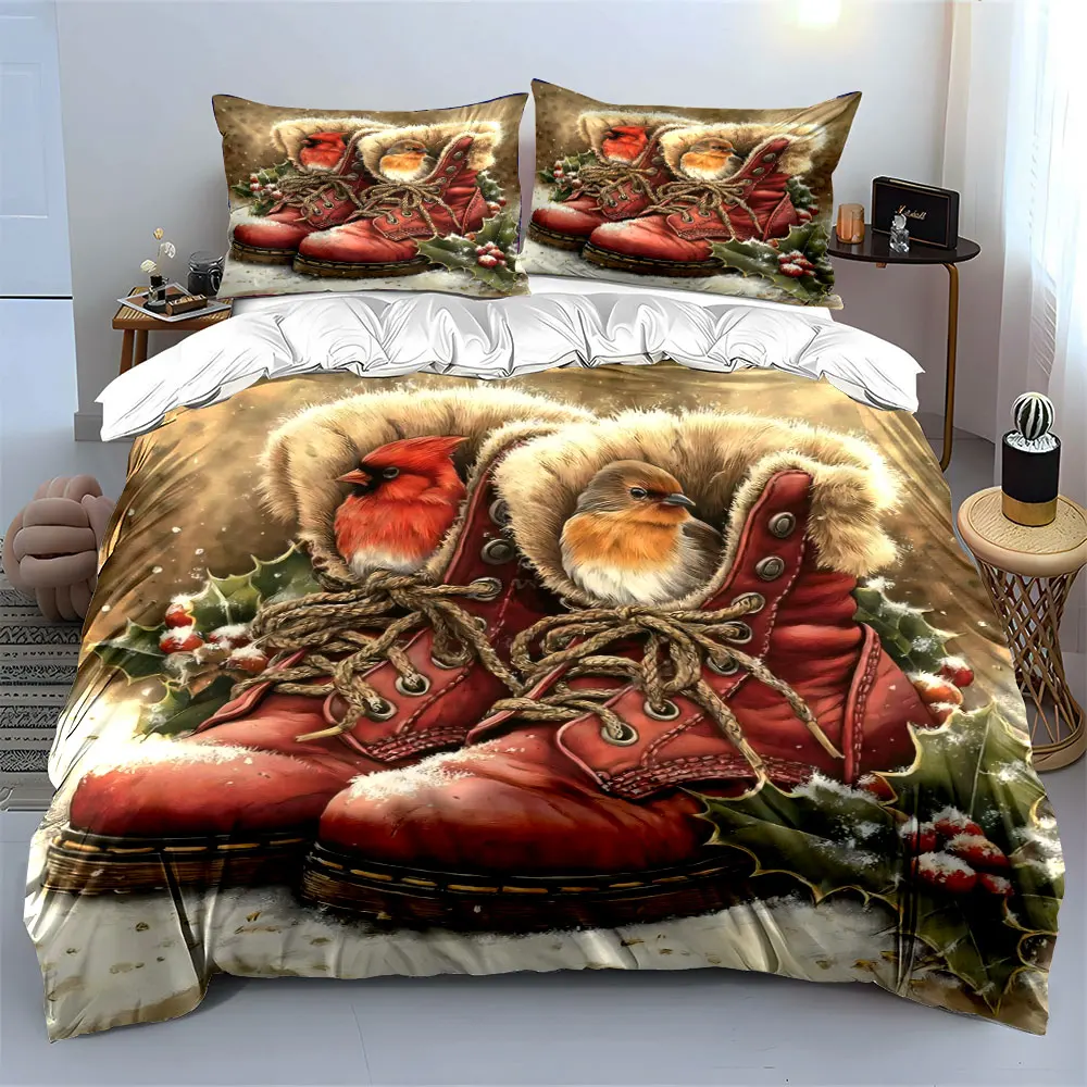 Birds in Red Boots Amid Winter Snow Print Duvet Cover Bedding Set Included 1*Duvet Cover 2*Pillowcases Luxury gifts
