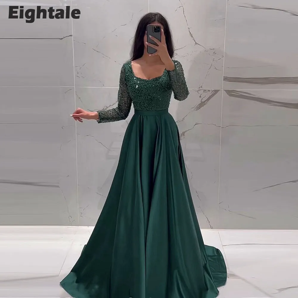 Eightale Dark Green Evening Dress Customized Long Sleeves Belt Sequin A-Line Wedding Party Prom Gowns Satin